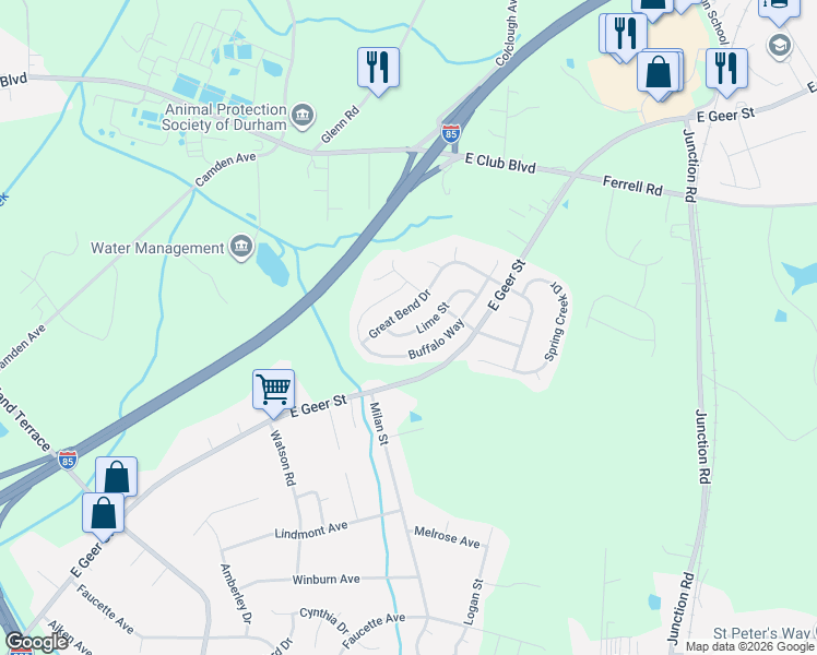 map of restaurants, bars, coffee shops, grocery stores, and more near 2029 Buffalo Way in Durham