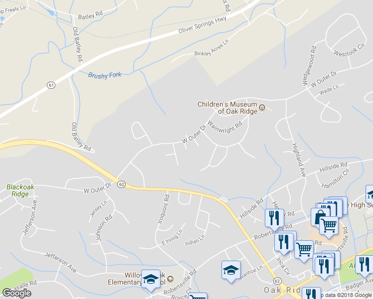 map of restaurants, bars, coffee shops, grocery stores, and more near 199 Walsh Lane in Oak Ridge