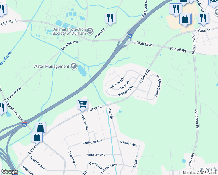 map of restaurants, bars, coffee shops, grocery stores, and more near 1505 Great Bend Drive in Durham