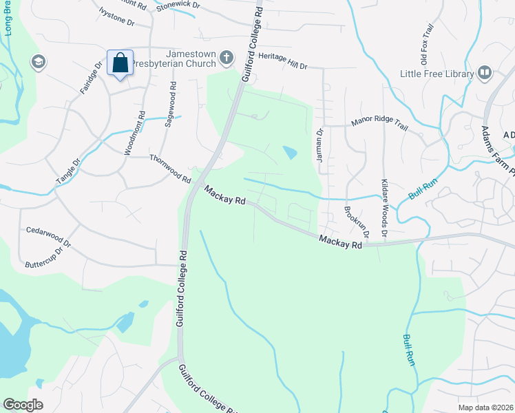 map of restaurants, bars, coffee shops, grocery stores, and more near 100 Jordan Creek Drive in Jamestown