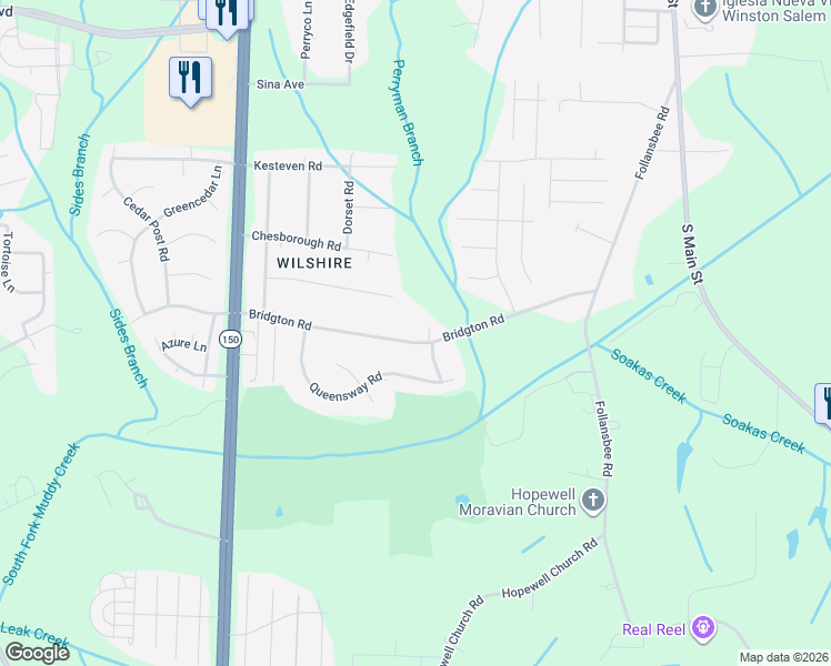 map of restaurants, bars, coffee shops, grocery stores, and more near 1380 Bridgton Road in Winston-Salem