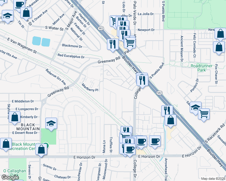 map of restaurants, bars, coffee shops, grocery stores, and more near 611 Diamond Drive in Henderson