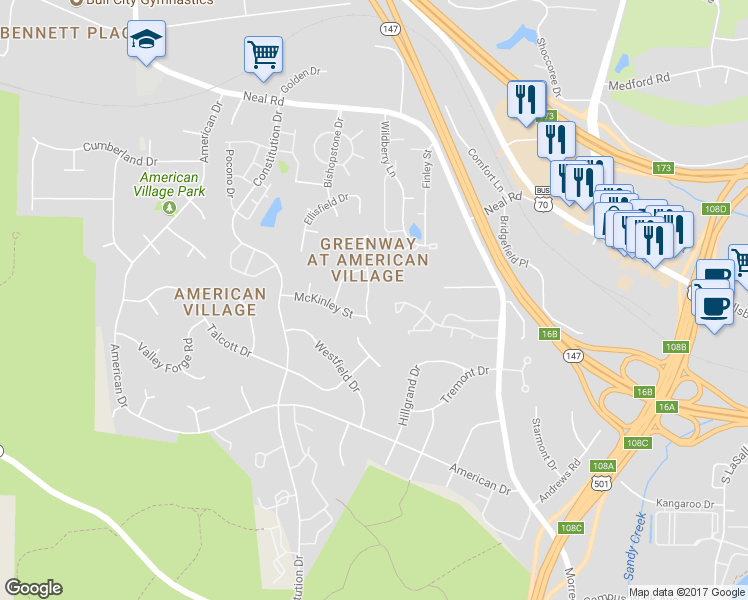 map of restaurants, bars, coffee shops, grocery stores, and more near 104 Sturdivant Road in Durham