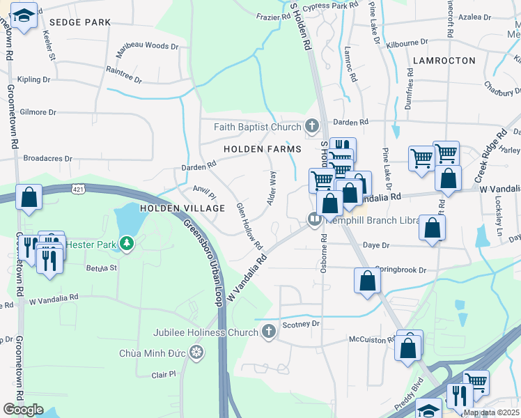 map of restaurants, bars, coffee shops, grocery stores, and more near 3227 Alder Way in Greensboro