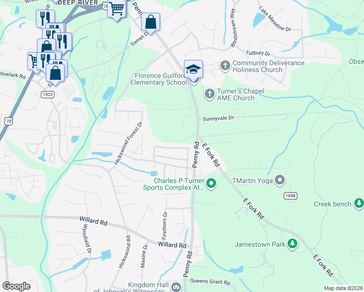 map of restaurants, bars, coffee shops, grocery stores, and more near 2979 Cloverwood Drive in High Point