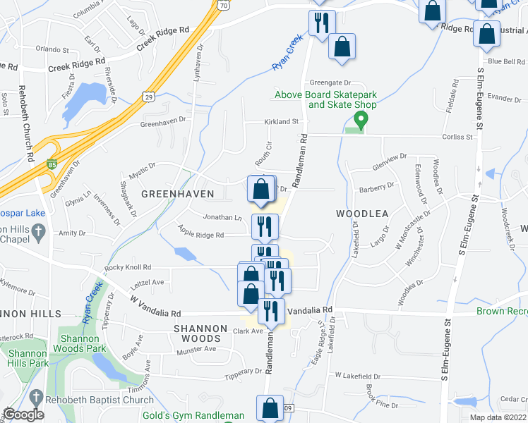 map of restaurants, bars, coffee shops, grocery stores, and more near 2804 Randleman Road in Greensboro