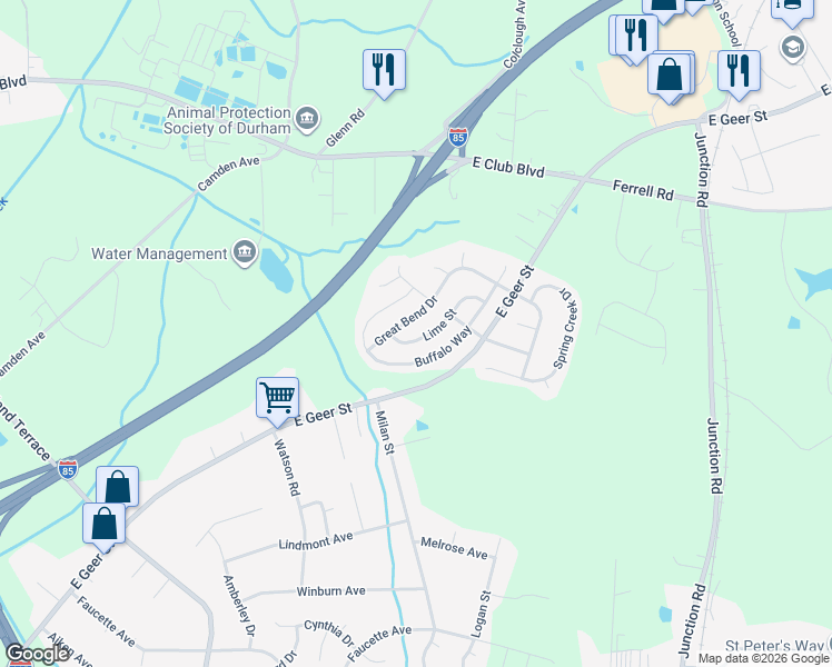 map of restaurants, bars, coffee shops, grocery stores, and more near 2029 Buffalo Way in Durham