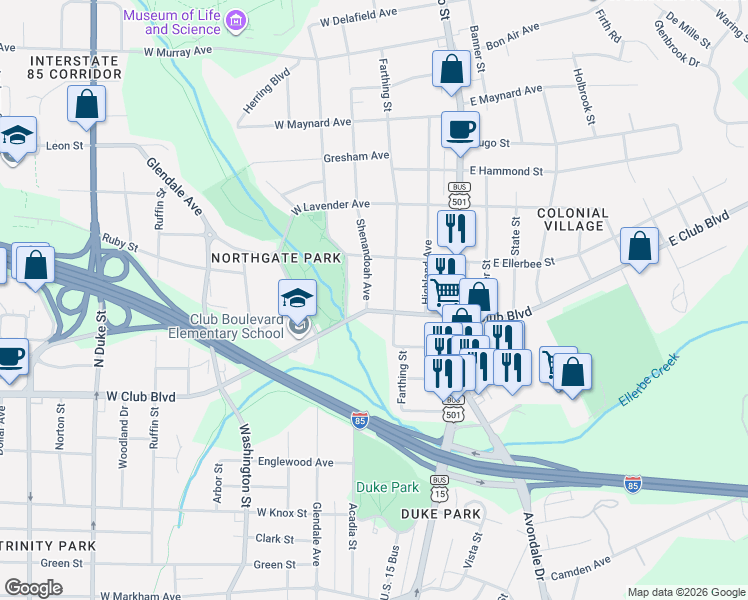 map of restaurants, bars, coffee shops, grocery stores, and more near 111 West Club Boulevard in Durham