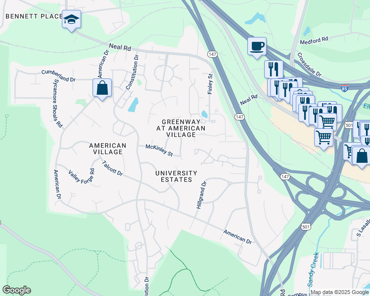 map of restaurants, bars, coffee shops, grocery stores, and more near 104 Sturdivant Road in Durham