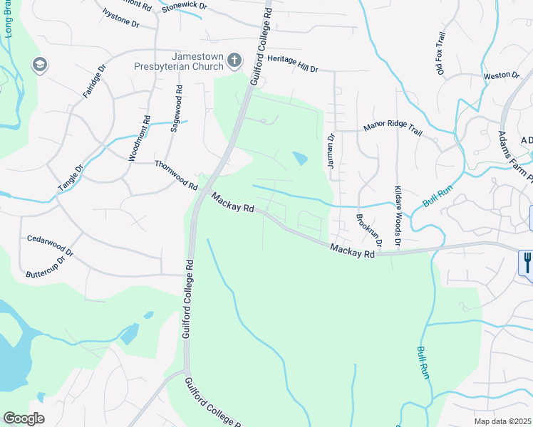 map of restaurants, bars, coffee shops, grocery stores, and more near 107 Jordan Creek Drive in Jamestown