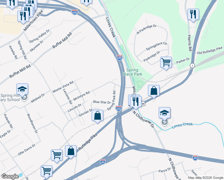 map of restaurants, bars, coffee shops, grocery stores, and more near 921 Spring Park Road in Knoxville