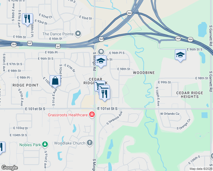 map of restaurants, bars, coffee shops, grocery stores, and more near 9814 East 99th Place in Tulsa