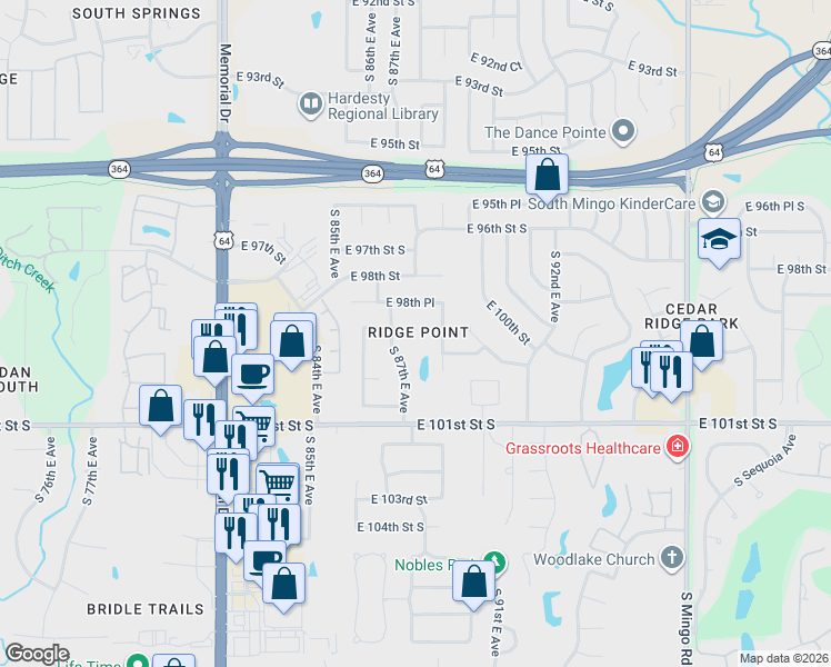map of restaurants, bars, coffee shops, grocery stores, and more near 9923 South 87th East Avenue in Tulsa