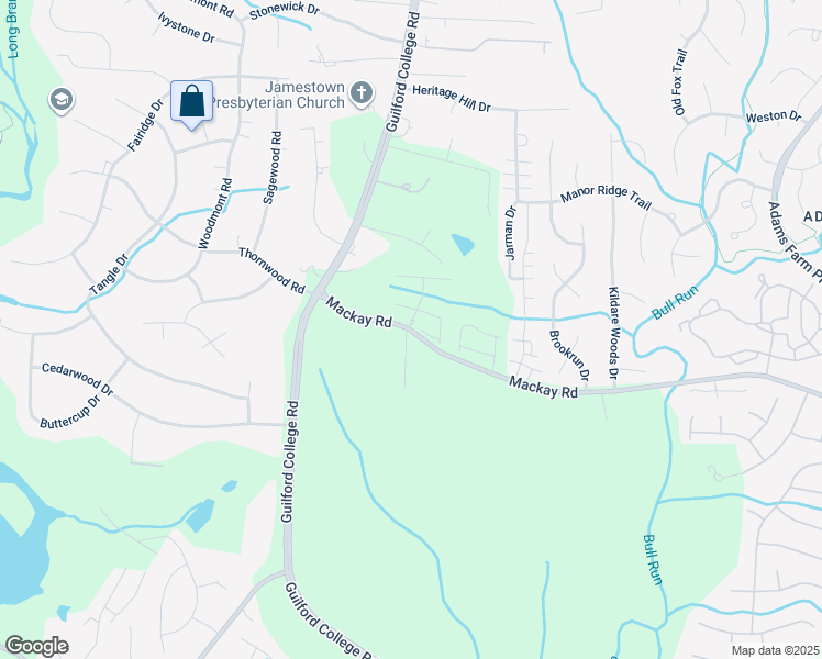 map of restaurants, bars, coffee shops, grocery stores, and more near 107 Jordan Creek Drive in Jamestown