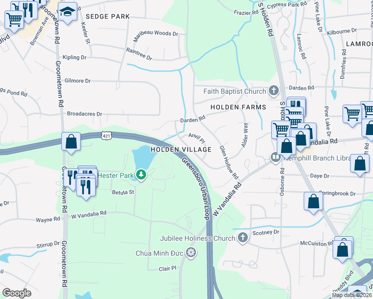 map of restaurants, bars, coffee shops, grocery stores, and more near 3224 Twin Brooks Drive in Greensboro
