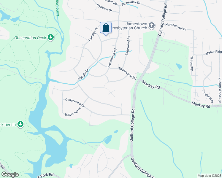 map of restaurants, bars, coffee shops, grocery stores, and more near 1 Burkewood Court in Jamestown
