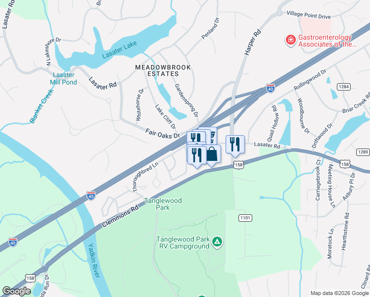 map of restaurants, bars, coffee shops, grocery stores, and more near 3980 Westridge Meadow Circle in Clemmons