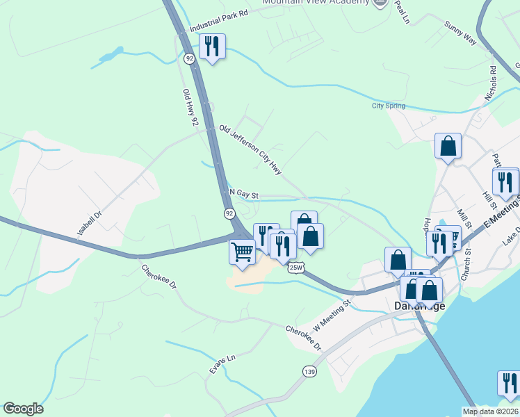 map of restaurants, bars, coffee shops, grocery stores, and more near in Dandridge