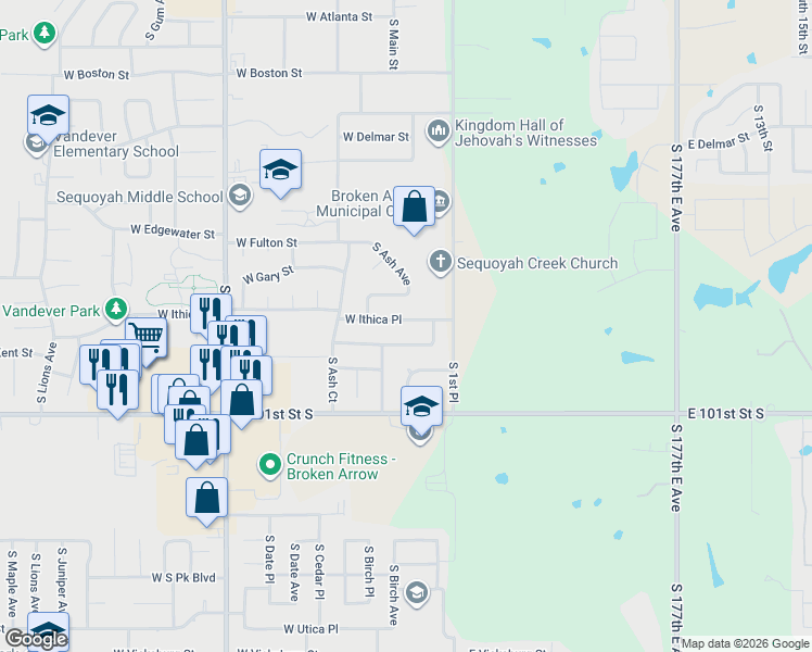 map of restaurants, bars, coffee shops, grocery stores, and more near 107 East 60th Place in Broken Arrow