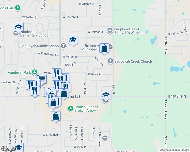 map of restaurants, bars, coffee shops, grocery stores, and more near 131 West Kent Street in Broken Arrow