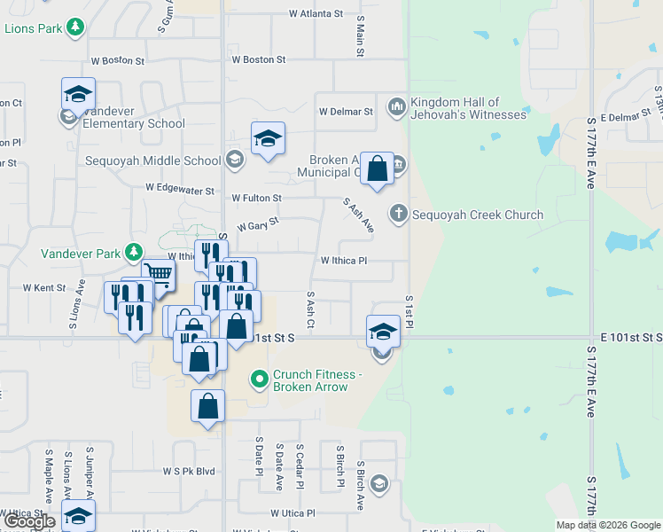 map of restaurants, bars, coffee shops, grocery stores, and more near 131 West Kent Street in Broken Arrow