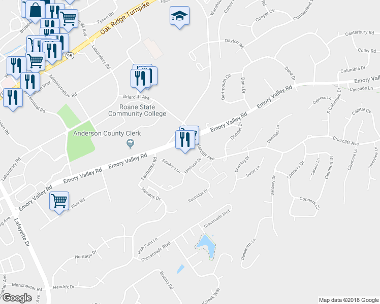 map of restaurants, bars, coffee shops, grocery stores, and more near 691 Emory Valley Road in Oak Ridge