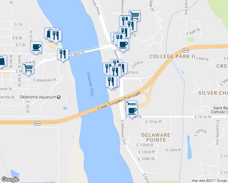 map of restaurants, bars, coffee shops, grocery stores, and more near 9904 Riverside Parkway in Tulsa