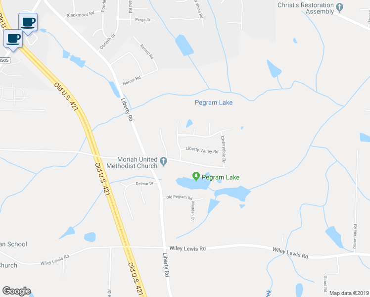 map of restaurants, bars, coffee shops, grocery stores, and more near 2102 Liberty Valley Road in Greensboro