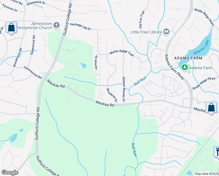 map of restaurants, bars, coffee shops, grocery stores, and more near 3207 Brookrun Dr in Jamestown