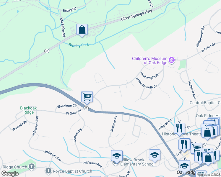 map of restaurants, bars, coffee shops, grocery stores, and more near 575 West Outer Drive in Oak Ridge