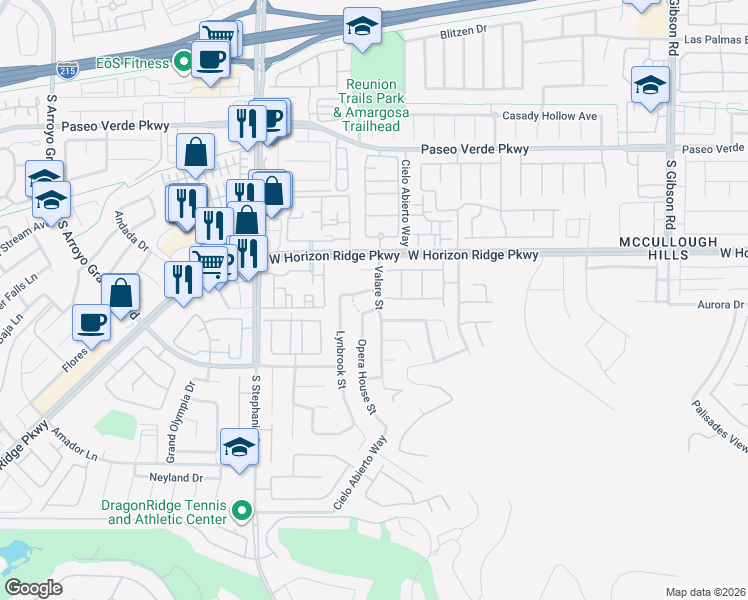 map of restaurants, bars, coffee shops, grocery stores, and more near 195 Valare Street in Henderson