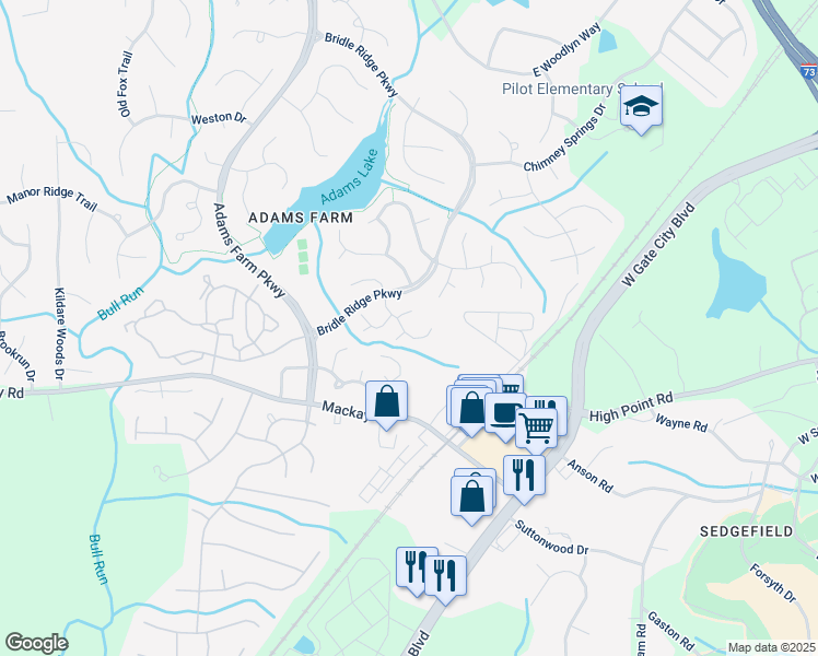 map of restaurants, bars, coffee shops, grocery stores, and more near 15 Cedar Knoll Drive in Greensboro