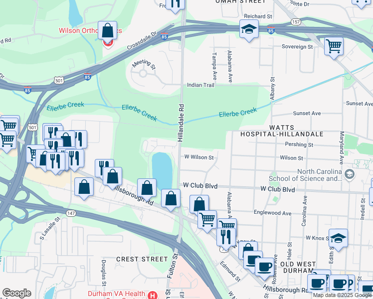 map of restaurants, bars, coffee shops, grocery stores, and more near 1406 Hillandale Road in Durham