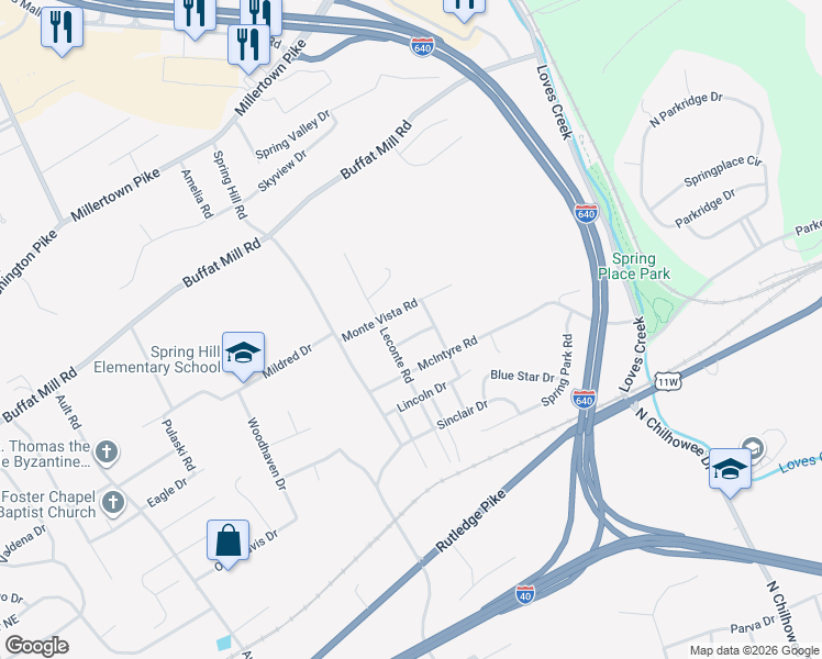 map of restaurants, bars, coffee shops, grocery stores, and more near 5013 Monte Vista Road in Knoxville