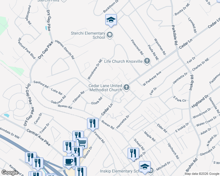 map of restaurants, bars, coffee shops, grocery stores, and more near 715 Cedar Lane in Knoxville