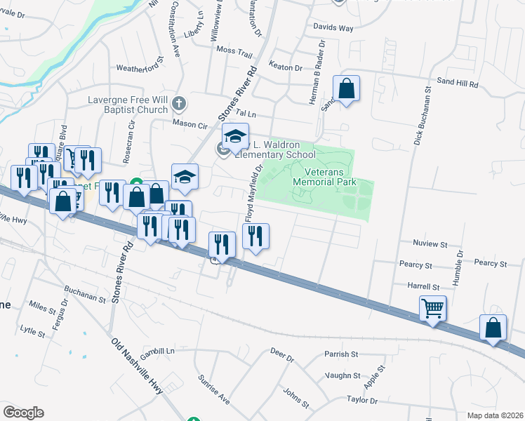 map of restaurants, bars, coffee shops, grocery stores, and more near 115 Floyd Mayfield Drive in La Vergne
