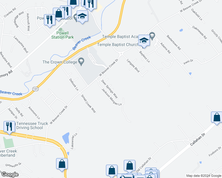 map of restaurants, bars, coffee shops, grocery stores, and more near 2417 Flannery Way in Powell