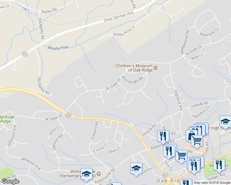 map of restaurants, bars, coffee shops, grocery stores, and more near 110 Walnut Lane in Oak Ridge