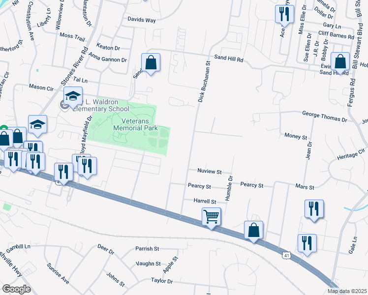 map of restaurants, bars, coffee shops, grocery stores, and more near 409 Dick Buchanan Street in La Vergne