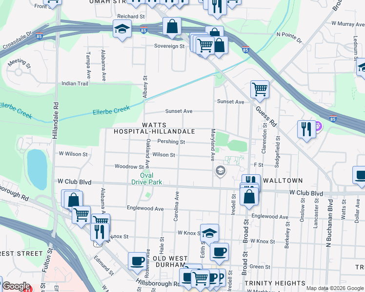 map of restaurants, bars, coffee shops, grocery stores, and more near 1505 Carolina Avenue in Durham