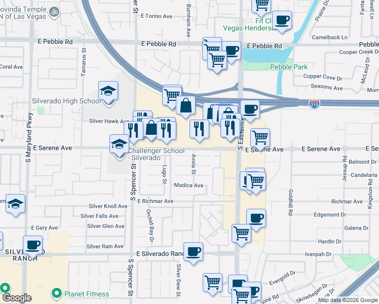 map of restaurants, bars, coffee shops, grocery stores, and more near 2090 East Serene Avenue in Las Vegas