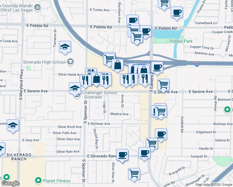 map of restaurants, bars, coffee shops, grocery stores, and more near 2090 East Serene Avenue in Las Vegas