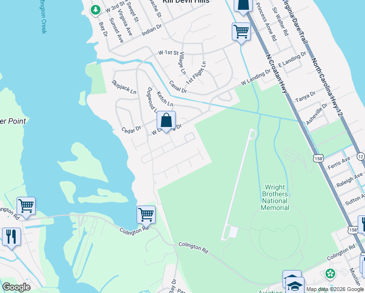 map of restaurants, bars, coffee shops, grocery stores, and more near 523 Landing Drive in Kill Devil Hills