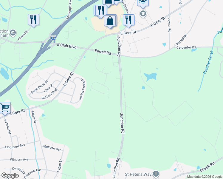 map of restaurants, bars, coffee shops, grocery stores, and more near 1227 Junction Road in Durham