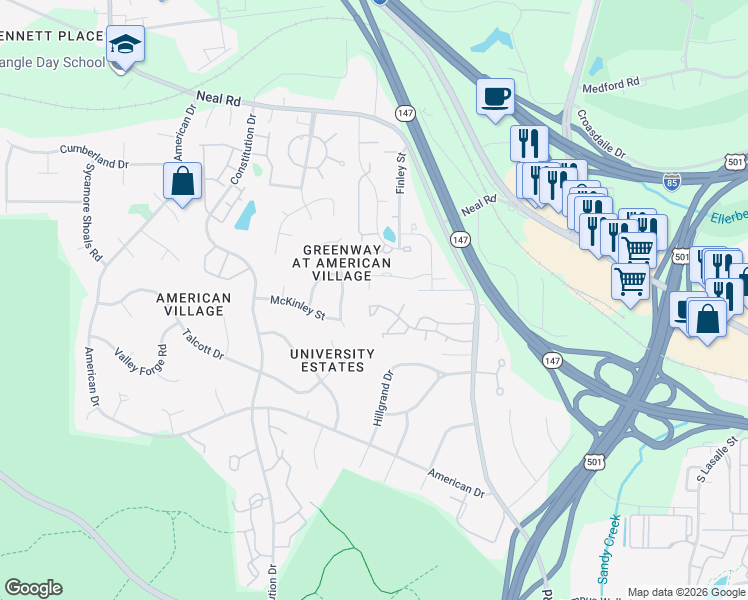 map of restaurants, bars, coffee shops, grocery stores, and more near 213 Silas Street in Durham
