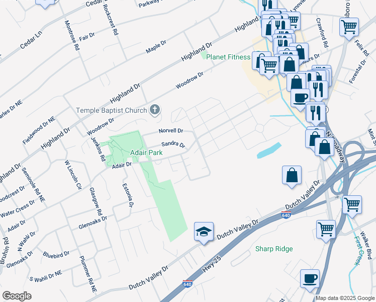 map of restaurants, bars, coffee shops, grocery stores, and more near 2209 Adair Drive in Knoxville