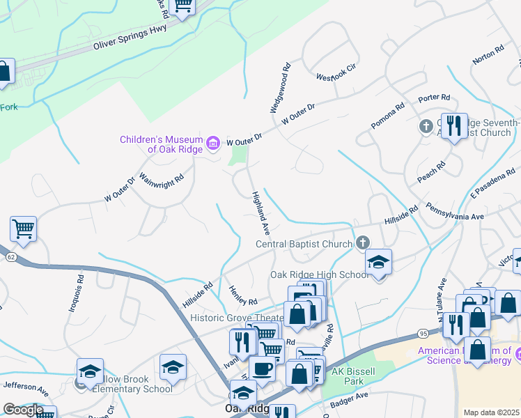 map of restaurants, bars, coffee shops, grocery stores, and more near 236 Highland Avenue in Oak Ridge