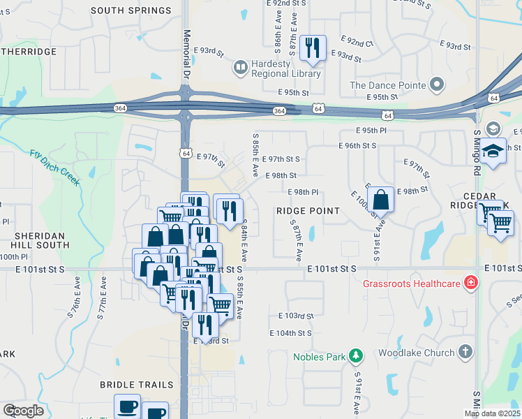map of restaurants, bars, coffee shops, grocery stores, and more near 8606 East 98th Place South in Tulsa