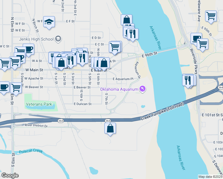 map of restaurants, bars, coffee shops, grocery stores, and more near 719 East Apache Place in Jenks
