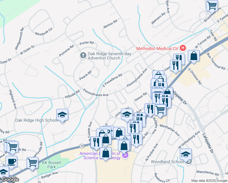 map of restaurants, bars, coffee shops, grocery stores, and more near 510 Pennsylvania Avenue in Oak Ridge